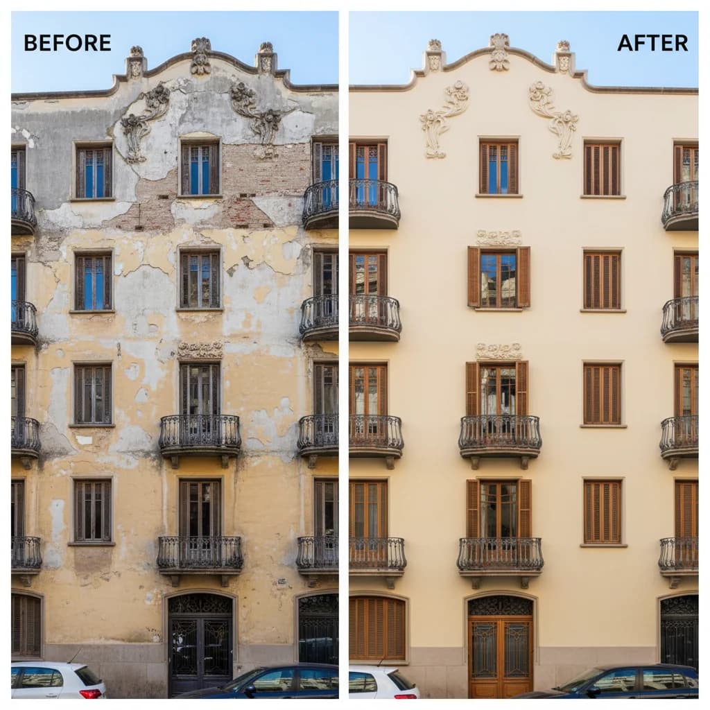 Fachada de edificio recién pintada por Kalid Pintores en el Eixample de Barcelona