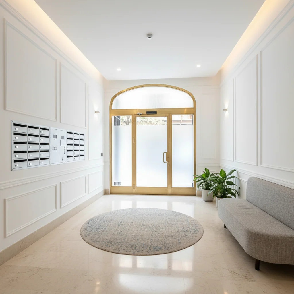 Equipo de Kalid Pintores pintando portal de comunidad de vecinos en Barcelona