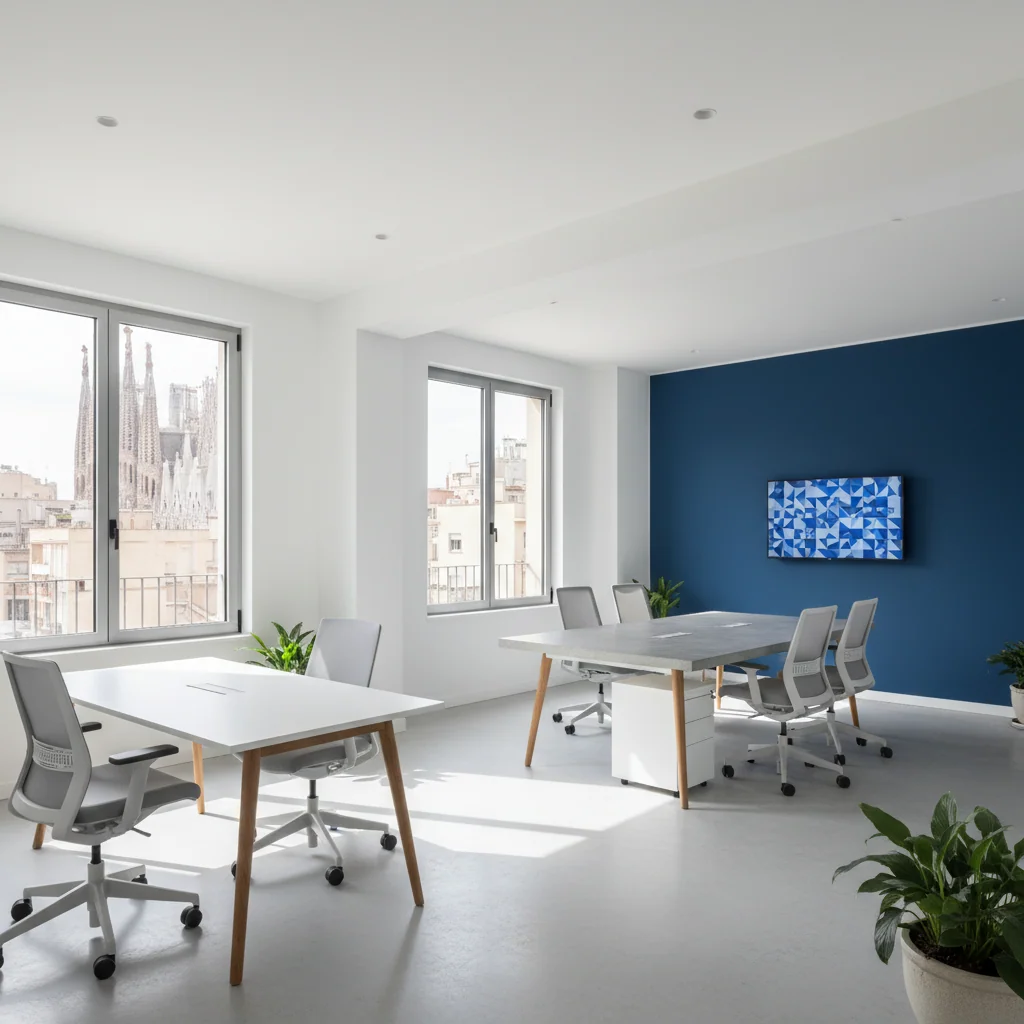 Oficina recién pintada por Kalid Pintores con colores corporativos en Barcelona