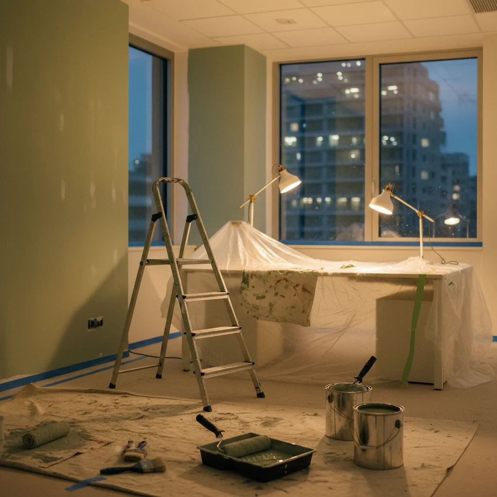 Equipo de pintores trabajando de noche en oficina de Barcelona