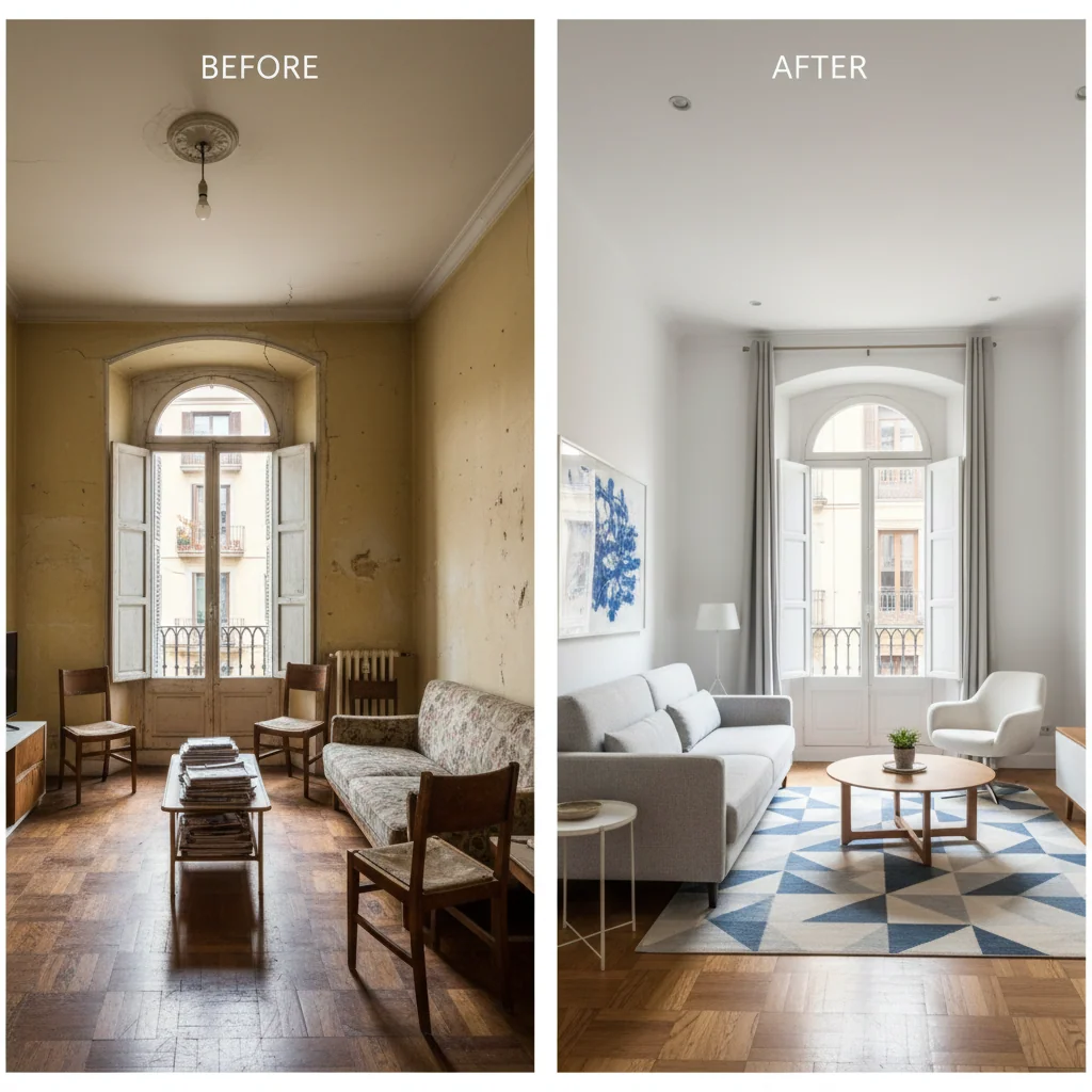 Salón de piso recién pintado por Kalid Pintores en Barcelona con acabado profesional