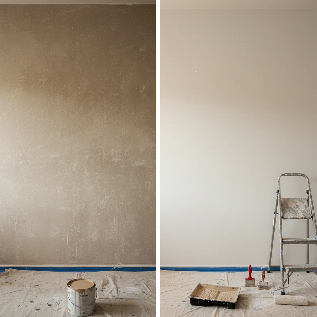 Pared antes y después de quitar gotelé en Barcelona